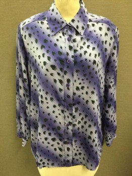 Womens, Blouse, DRAPER'S & DAMON'S , Purple, Lavender Purple, Black, Polyester, Animal Print, Abstract , 10P, Gradient Stripes, Leopard Spots, Long Sleeves, Button Front, Collar Attached, Shoulder Pads