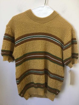Mens, Sweater, TOWNCRAFT, Tan Brown, Olive Green, Brown, White, Polyester, Stripes - Horizontal , S, Crew Neck, Short Sleeves, Boucle