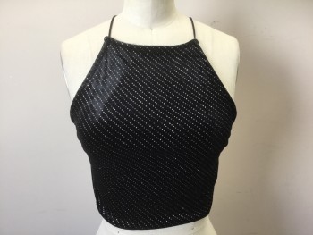 FOREVER 21, Black, Silver, Polyester, Spandex, Stripes - Diagonal , Dots, Black Stretch Velvet with Silver Metallic Diagonal Dotted Stripes, Cropped Tank Top with Spaghetti Straps, High Square Neckline