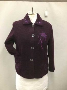 JINHUAYUAN, Plum Purple, Purple, Polyester, Chenille with Purple Embroidery & Sequinned Floral Detail., 4 Button Center Front, Collar Attached, 2 Pockets,