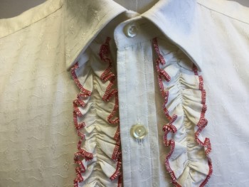 Mens, Formal Shirt, ANTO, Ivory White, Red, Cotton, Novelty Pattern, 34, 15, Long Sleeves, Button Front, Geometric Woven Pattern, Red Surged Ruffles Center Front, Fitted/Slim Fit,