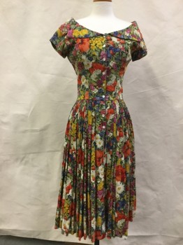 MTO, Red, Green, Yellow, Blue, White, Cotton, Floral, Decollete, Notched Lapel, Cap Sleeves, Shirtwaist, Dirdl Skirt, Button Front, 2 Pockets,