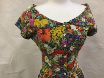 MTO, Red, Green, Yellow, Blue, White, Cotton, Floral, Decollete, Notched Lapel, Cap Sleeves, Shirtwaist, Dirdl Skirt, Button Front, 2 Pockets,