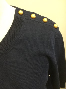 Womens, Pullover, TORY BURCH, Navy Blue, Cotton, Solid, Small, Short Sleeves, 4 Gold Buttons on Left Shoulder