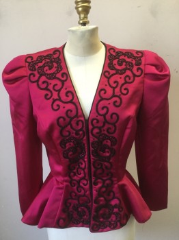 FARINAE N MARCUS, Hot Pink, Black, Polyester, Beaded, Solid, Novelty Pattern, Hot Pink Satin with Black Rope Swirl Appliqué and Beading, Black Piping, V-neck, Peplum , Pleated Shoulders, Shoulder Pads,