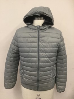 Mens, Casual Jacket, WORKOUT, Lt Gray, Black, Nylon, Solid, M, Lightweight Quilted Fill Jacket, Zip Front, Hood Attached, L/S, 2 Pckts