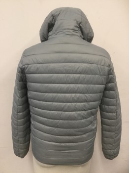Mens, Casual Jacket, WORKOUT, Lt Gray, Black, Nylon, Solid, M, Lightweight Quilted Fill Jacket, Zip Front, Hood Attached, L/S, 2 Pckts