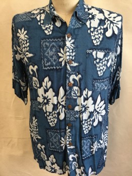 Mens, Hawaiian Shirt, DREAMLAND, Midnight Blue, White, Baby Blue, Black, Rayon, Hawaiian Print, M, Collar Attached, Wood Button Front, 1 Pocket, Short Sleeves, (small Hole in the Back Bottom Left)