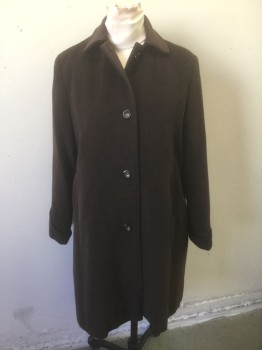 Womens, Coat, N/L, Brown, Polyester, Solid, M, Single Breasted, Collar Attached, 4 Buttons, Padded Shoulders, 2 Welt Pockets, Below Knee Length,