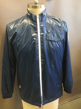 Mens, Jacket, NL , Navy Blue, White, Nylon, Solid, C:44, Navy Blue W/white Zippers, Stand Up Collar, Hidden Hood, Pocket Flap, Shelby American Patch