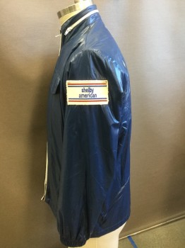 Mens, Jacket, NL , Navy Blue, White, Nylon, Solid, C:44, Navy Blue W/white Zippers, Stand Up Collar, Hidden Hood, Pocket Flap, Shelby American Patch