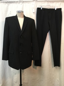 HUGO BOSS, Black, Wool, Elastane, Solid, Black, Notched Lapel, 3 Buttons,  Notched Lapel, 3 Pockets,