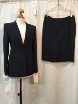 MAX MARA, Navy Blue, White, Wool, Silk, Stripes - Pin, SB. Notched Lapel, 2 Buttons,  2 Pockets, Piped Edge On Lapel, Pkts And Cuffs