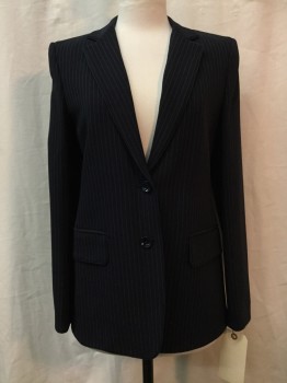 MAX MARA, Navy Blue, White, Wool, Silk, Stripes - Pin, SB. Notched Lapel, 2 Buttons,  2 Pockets, Piped Edge On Lapel, Pkts And Cuffs