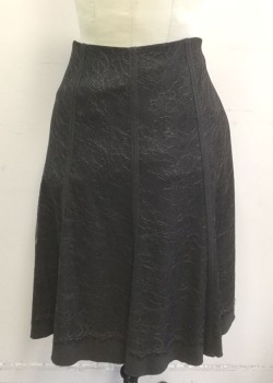 Womens, Skirt, Knee Length, TAHARI, Black, Espresso Brown, Polyester, Rayon, Floral, 4, Black Solid/Opaque Underlayer with Black Floral Lace Overlay with Espresso Brown Detail at Edges, Vertical Panels Throughout, A-Line, Knee Length, Invisible Zipper at Side