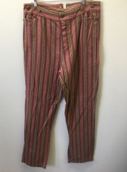 Mens, Historical Fiction Pants, N/L, Multi-color, Salmon Pink, Yellow, Brown, Lt Blue, Cotton, Stripes - Vertical , Ins:35, W:34, Canvas, Button Fly, Gold Metal Suspender Buttons at Outside Waist, 3 Pockets Plus 1 Watch Pocket, Reproduction, **Multiples