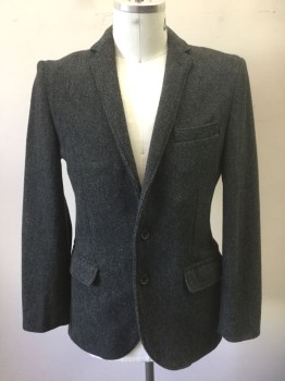 Mens, Sportcoat/Blazer, J CREW, Dk Gray, Charcoal Gray, Wool, Herringbone, 40R, Scratchy Wool, Single Breasted, Notched Lapel, 2 Buttons, 3 Pockets, Chambray Half/Shoulder Lining