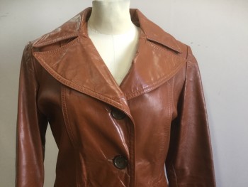 Womens, Coat, N/L, Ochre Brown-Yellow, Leather, Solid, B36, Small, W28, 4 Buttons, Attached Belt, Wide Collar, Stitched Tucks Detail Center Back, Perfect for Foxy Brown