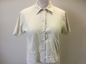 Womens, Blouse, TWO TWENTY, Oatmeal Brown, Cotton, Floral, B:38, White Eyelet Embroidery/Edging Throughout, Short Sleeve Button Front, Collar Attached, Self Fabric Covered Buttons, Short Waisted/Boxy Fit,