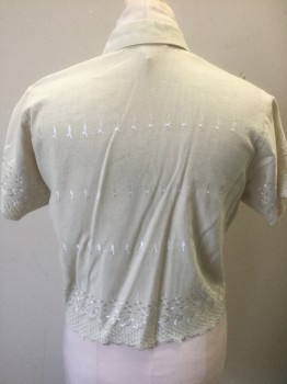 Womens, Blouse, TWO TWENTY, Oatmeal Brown, Cotton, Floral, B:38, White Eyelet Embroidery/Edging Throughout, Short Sleeve Button Front, Collar Attached, Self Fabric Covered Buttons, Short Waisted/Boxy Fit,