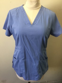 GREY'S ANATOMY, French Blue, Polyester, Rayon, Solid, Feminine Cut, Short Sleeves, V-neck, Curved Front Seams, 3 Pockets at Hips, 2 Flat Felled Seams at Waist Level