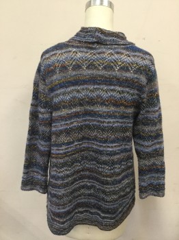 ALFRED DUNNER, Lt Blue, Blue, Copper Metallic, Dk Green, Gray, Cotton, Polyester, Stripes, Colorful Stripe, Holey Jagged Stripe Knit, Shawl Collar with Wavy Lines, Long Sleeves, Open Front, Doubles