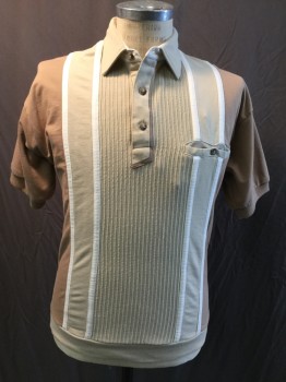 NO LABEL, Khaki Brown, Cream, Brown, Cotton, Polyester, Stripes - Vertical , Self Ribbed Khaki/cream/khaki/brown Vertical Panel, Collar Attached, 3 Button Front, 1 Pocket, Short Sleeves,