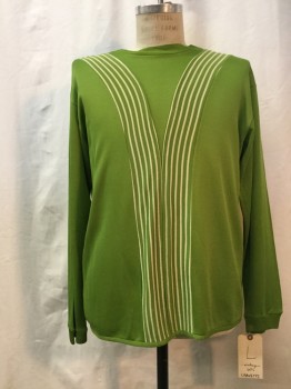 CHAVETTE, Green, Beige, Acetate, Solid, Stripes, Green Knit, Beige Center Front Stripes, Round Neck,  Long Sleeves,