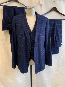TOPMAN, Navy Blue, Green, Brown, Polyester, Viscose, Grid , Navy with Green/Brown Grid, Double Breasted, Collar Attached, Peaked Lapel, 2 Pockets, Skinny Fit