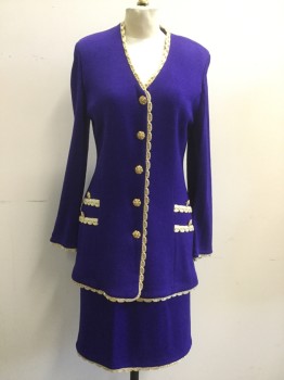 ST. JOHN, Dk Purple, Gold, Wool, Synthetic, Solid, Long Sweater Blazer, Gold Scallopped with Gold Sequin Trim, Gold Rhinestone Floral Button Front, Gold Sleeve Hem Trim with 3 Buttons,  4 Faux Gold Trim Pockets with Buttons