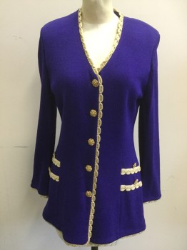 Womens, 1990s Vintage, Suit, Jacket, ST. JOHN, Dk Purple, Gold, Wool, Synthetic, Solid, 6, Long Sweater Blazer, Gold Scallopped with Gold Sequin Trim, Gold Rhinestone Floral Button Front, Gold Sleeve Hem Trim with 3 Buttons,  4 Faux Gold Trim Pockets with Buttons