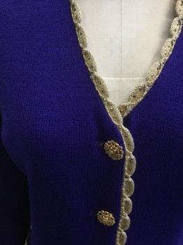 ST. JOHN, Dk Purple, Gold, Wool, Synthetic, Solid, Long Sweater Blazer, Gold Scallopped with Gold Sequin Trim, Gold Rhinestone Floral Button Front, Gold Sleeve Hem Trim with 3 Buttons,  4 Faux Gold Trim Pockets with Buttons