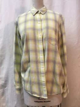 Womens, Top, GAP, Neon Yellow, Gray, White, Cotton, Plaid, XS, Button Front, Collar Attached, Long Sleeves, 1 Pocket,
