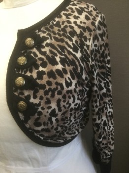 LIBIAN, Beige, Black, Cream, Rayon, Spandex, Animal Print, Leopard Spots, Knit, Cropped/Bolero Length, 3/4 Sleeves, Open at Center Front with No Closures, 2 Rows of Gold Embossed Buttons Under Decorative Black Tabs