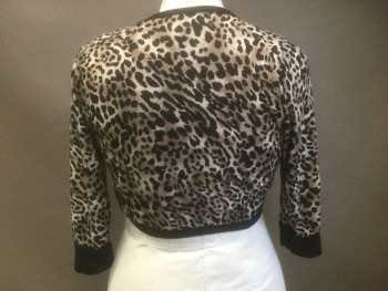 LIBIAN, Beige, Black, Cream, Rayon, Spandex, Animal Print, Leopard Spots, Knit, Cropped/Bolero Length, 3/4 Sleeves, Open at Center Front with No Closures, 2 Rows of Gold Embossed Buttons Under Decorative Black Tabs