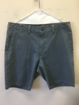 Mens, Shorts, VOLCOM, Slate Blue, Poly/Cotton, Solid, W:32, Flat Front, Zip Fly, 5 Pockets, Belt Loops, 9" Inseam