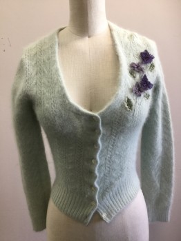 N/L, Sea Foam Green, Purple, Angora, Wool, Solid, Cable Knit, Button Front, Lace Knit Between Cables, Silk Floral Embroidery, Pearl Buttons
