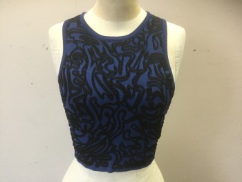 Womens, Top, OPENING CEREMONY, Midnight Blue, Black, Viscose, Lycra, Abstract , Swirl , XS, Midnight Blue with Black Abstract Swirled Lines Knit, 2" Straps, Scoop Neck, Cropped Tank