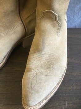 Mens, Cowboy Boots , H H, Tan Brown, Suede, Solid, 10.5 , Tan Suede with Dark Brown Leather Piping, Mid Calf Length, Pointed Toe, 1.5" Heel, Self Embroidery