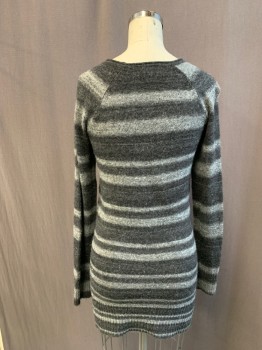 Womens, Pullover, REITMANS, Charcoal Gray, Lt Gray, Acrylic, Polyester, Stripes, XS, Rolled Neck, Raglan Long Sleeves, Curved Princess Seams, Ribbed Knit Waistband/Cuff