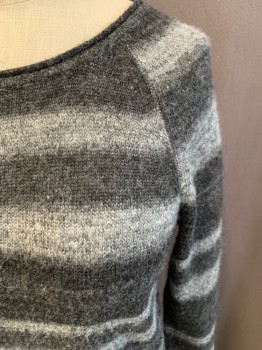 Womens, Pullover, REITMANS, Charcoal Gray, Lt Gray, Acrylic, Polyester, Stripes, XS, Rolled Neck, Raglan Long Sleeves, Curved Princess Seams, Ribbed Knit Waistband/Cuff
