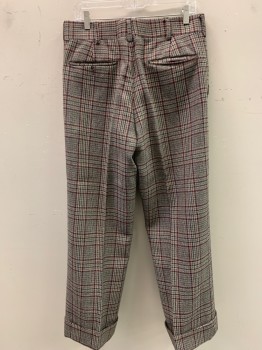 Mens, 1970s Vintage, Suit, Pants, N/L, Khaki Brown, Red, Navy Blue, Brown, Gray, Wool, Plaid, 29, 34, Flat Front, 4 Pockets, Cuffed