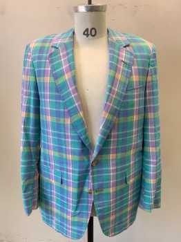 CORBIN, Sea Foam Green, Blue, Pink, Yellow, White, Cotton, Nylon, Plaid, Notched Lapel, Collar Attached, 2 Buttons, 3 Pockets, Multiples,