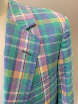 CORBIN, Sea Foam Green, Blue, Pink, Yellow, White, Cotton, Nylon, Plaid, Notched Lapel, Collar Attached, 2 Buttons, 3 Pockets, Multiples,