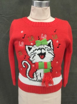 BLIZZARD BAY, Red, White, Acrylic, Solid, Christmas Sweater, Red with White/Black Singing Cat with Red/Avocado Scarf and Bow, Ribbed Knit Crew Neck/Cuff/Waistband