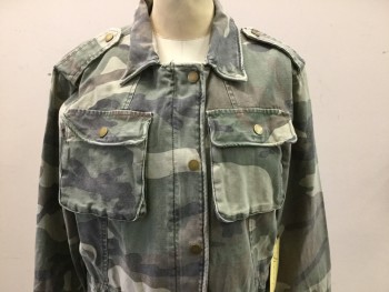 Womens, Casual Jacket, VINAGE HAVANA, Olive Green, Brown, Cotton, Camouflage, Heathered, S, Long Sleeves, Zip Front, Collar Attached, 4 Pockets, Drawstring Waist, Shoulder Placket, Brass Buttons