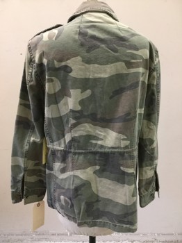 Womens, Casual Jacket, VINAGE HAVANA, Olive Green, Brown, Cotton, Camouflage, Heathered, S, Long Sleeves, Zip Front, Collar Attached, 4 Pockets, Drawstring Waist, Shoulder Placket, Brass Buttons