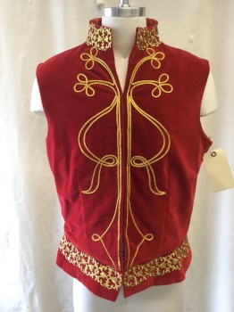 Mens, Historical Fiction Vest, WINDLASS, Red, Gold, Polyester, Solid, M, 42, Self Red Velvet with Ornate Gold Piping and Trim, Mandarin/Nehru Collar, Center Front Hook & Eye Closure, *Double*