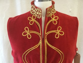 WINDLASS, Red, Gold, Polyester, Solid, Self Red Velvet with Ornate Gold Piping and Trim, Mandarin/Nehru Collar, Center Front Hook & Eye Closure, *Double*