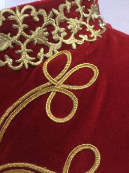 WINDLASS, Red, Gold, Polyester, Solid, Self Red Velvet with Ornate Gold Piping and Trim, Mandarin/Nehru Collar, Center Front Hook & Eye Closure, *Double*
